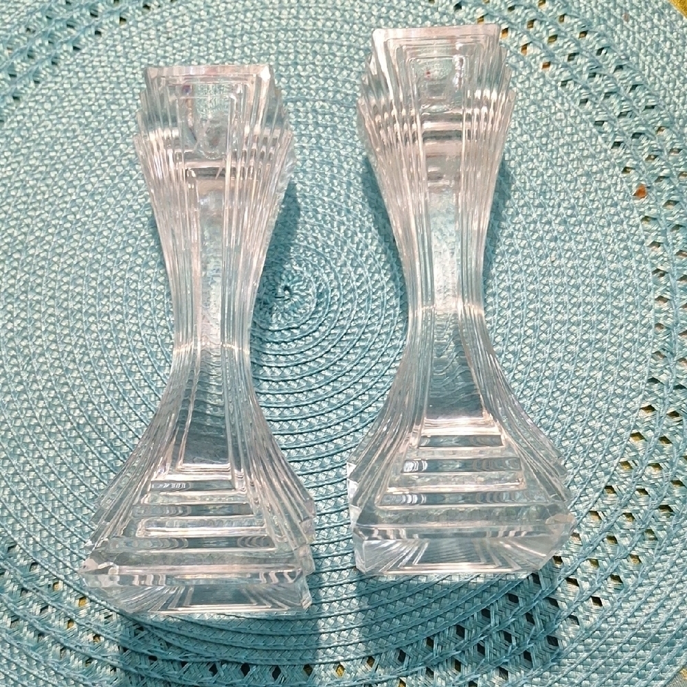 Pair of Mikasa Art Deco Lead Crystal Candle Holders "City Lights" Czech Republic